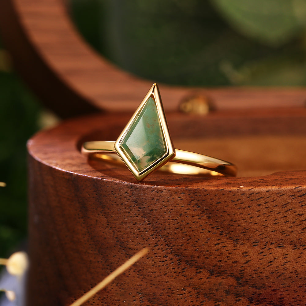 6x9mm Kite Cut Moss Agate Geometric Minimalist Engagement Ring