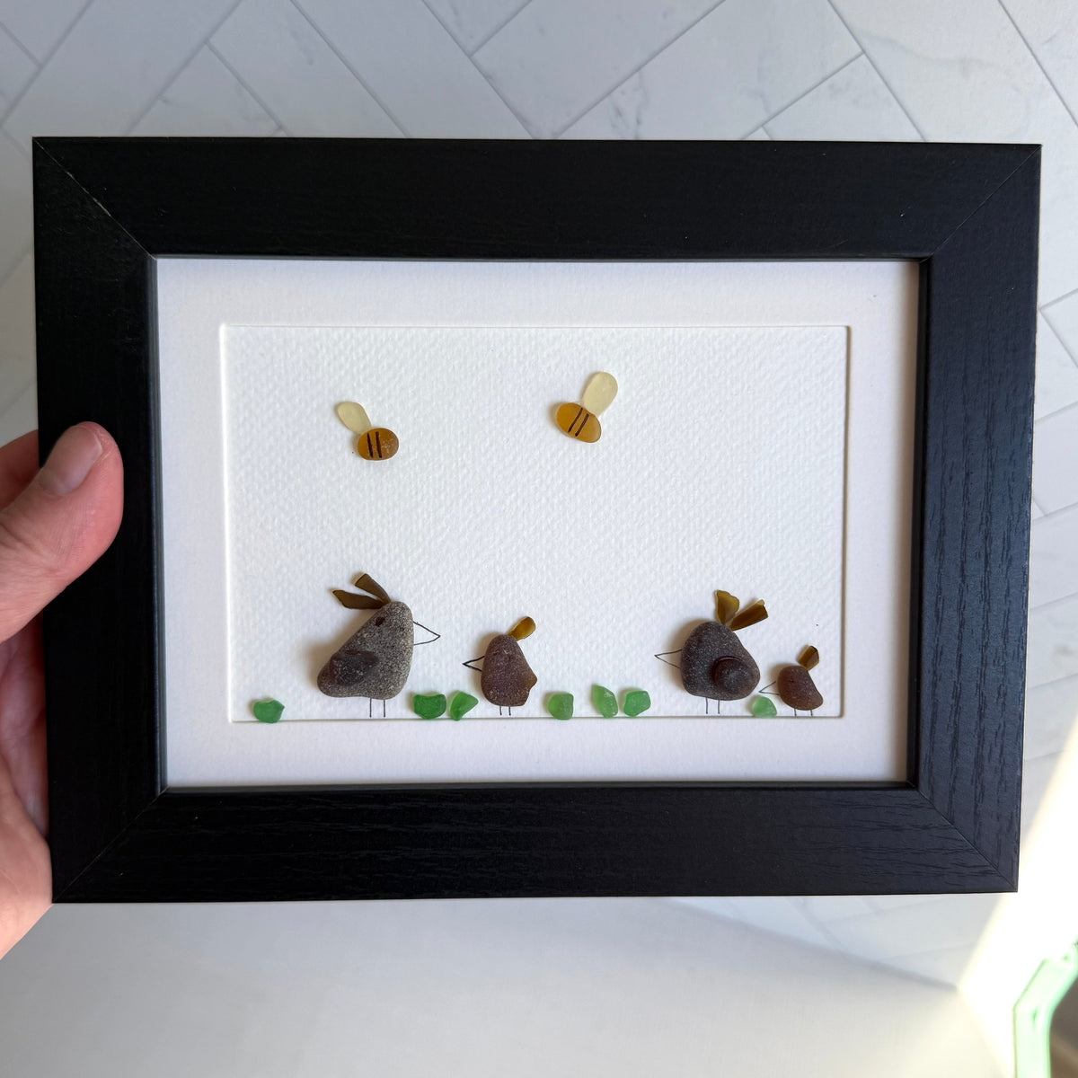 Chicken and Hens Sea Glass Art | 5x7 Baryard Farm Wall Art | Handmade Whimsical Gift