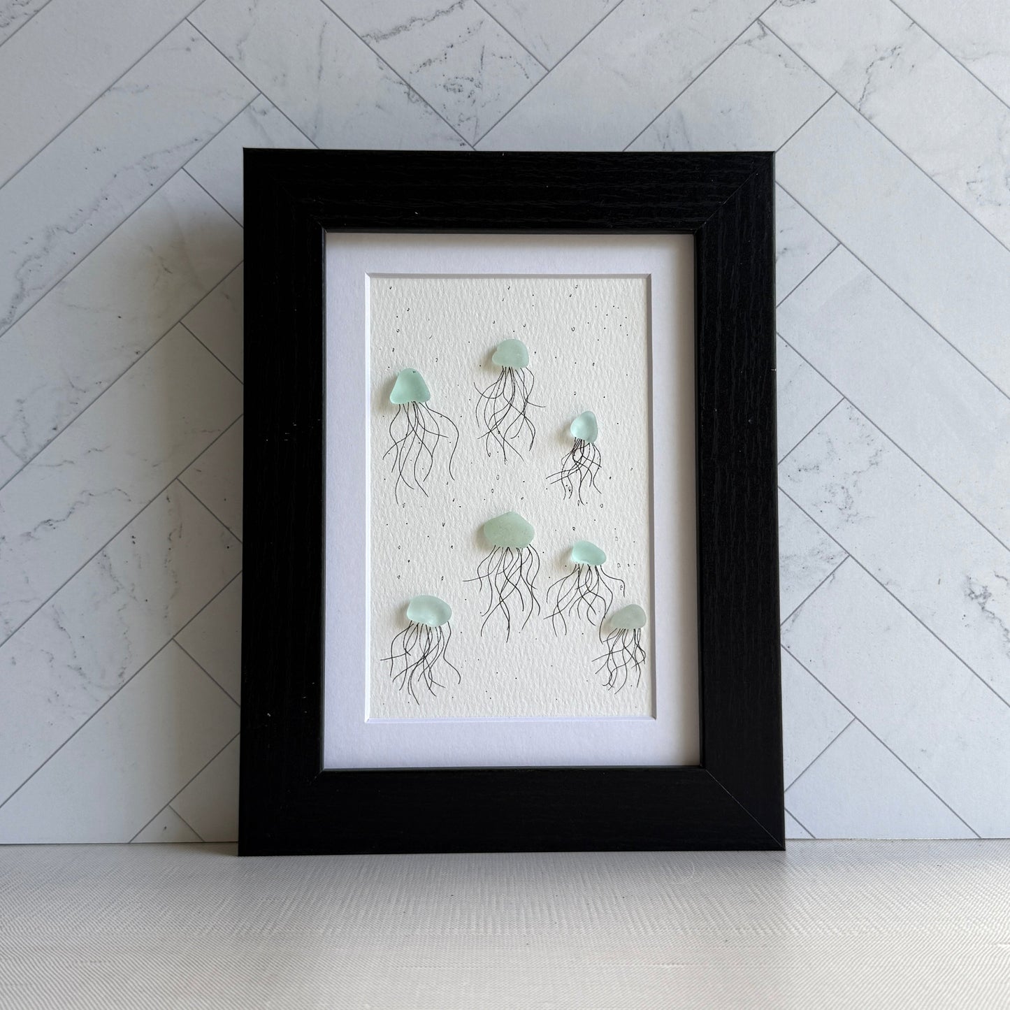 Jellyfish Sea Glass Art | 5x7 Framed Ocean-Themed Wall Decor | Handcrafted Coastal Gift