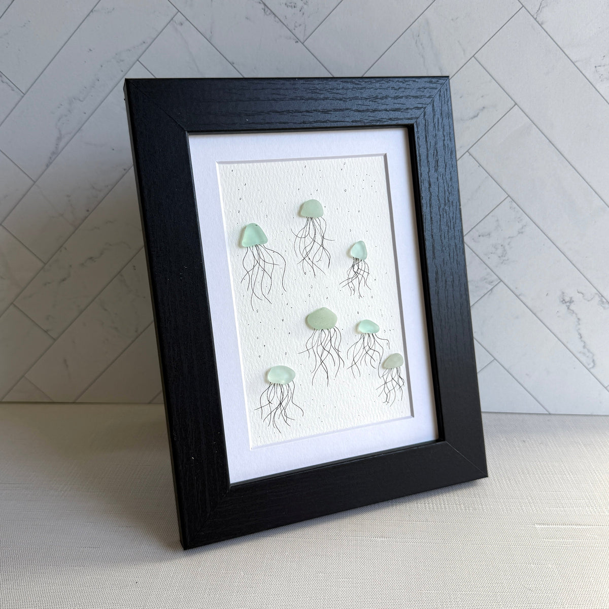 Jellyfish Sea Glass Art | 5x7 Framed Ocean-Themed Wall Decor | Handcrafted Coastal Gift