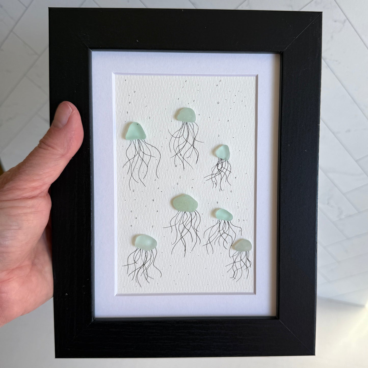 Jellyfish Sea Glass Art | 5x7 Framed Ocean-Themed Wall Decor | Handcrafted Coastal Gift