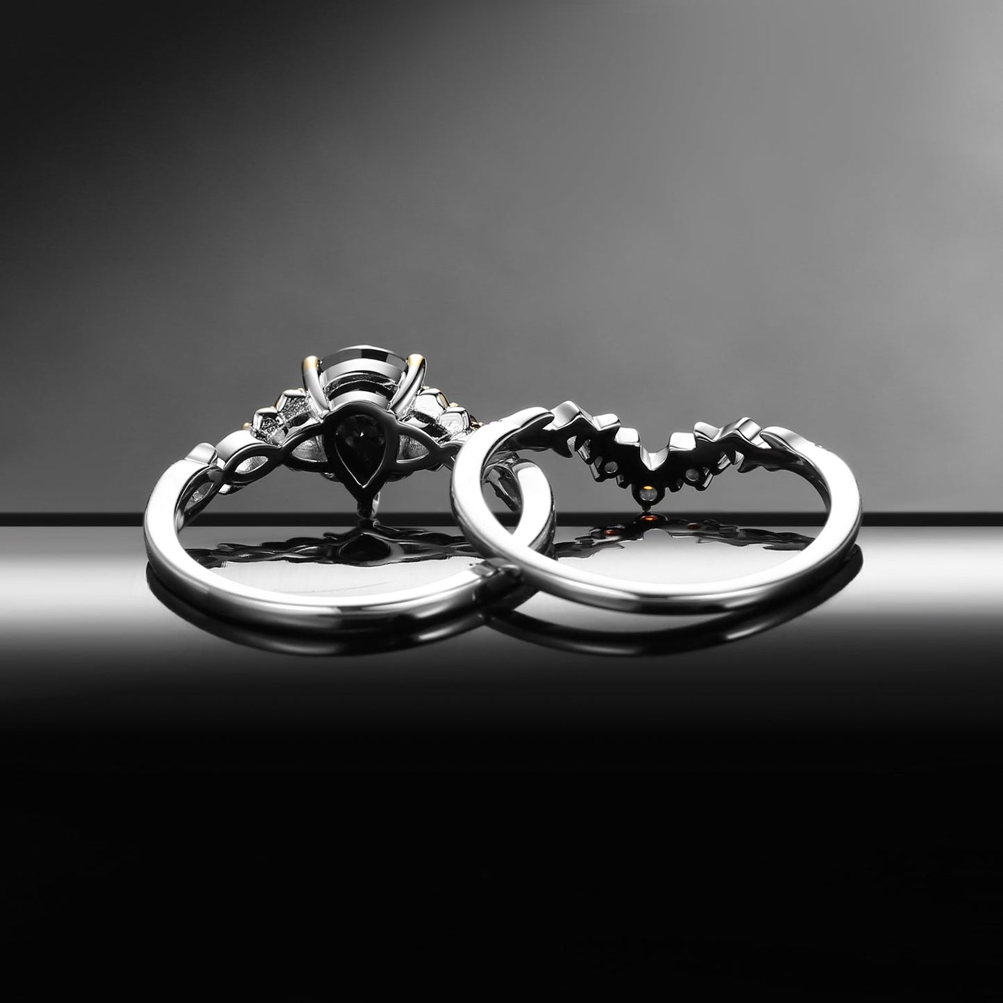 Nature Inspired Pear Shaped Black Moissanite 'Thorns & Roses' Two-Tone Engagement Ring Set 2pcs