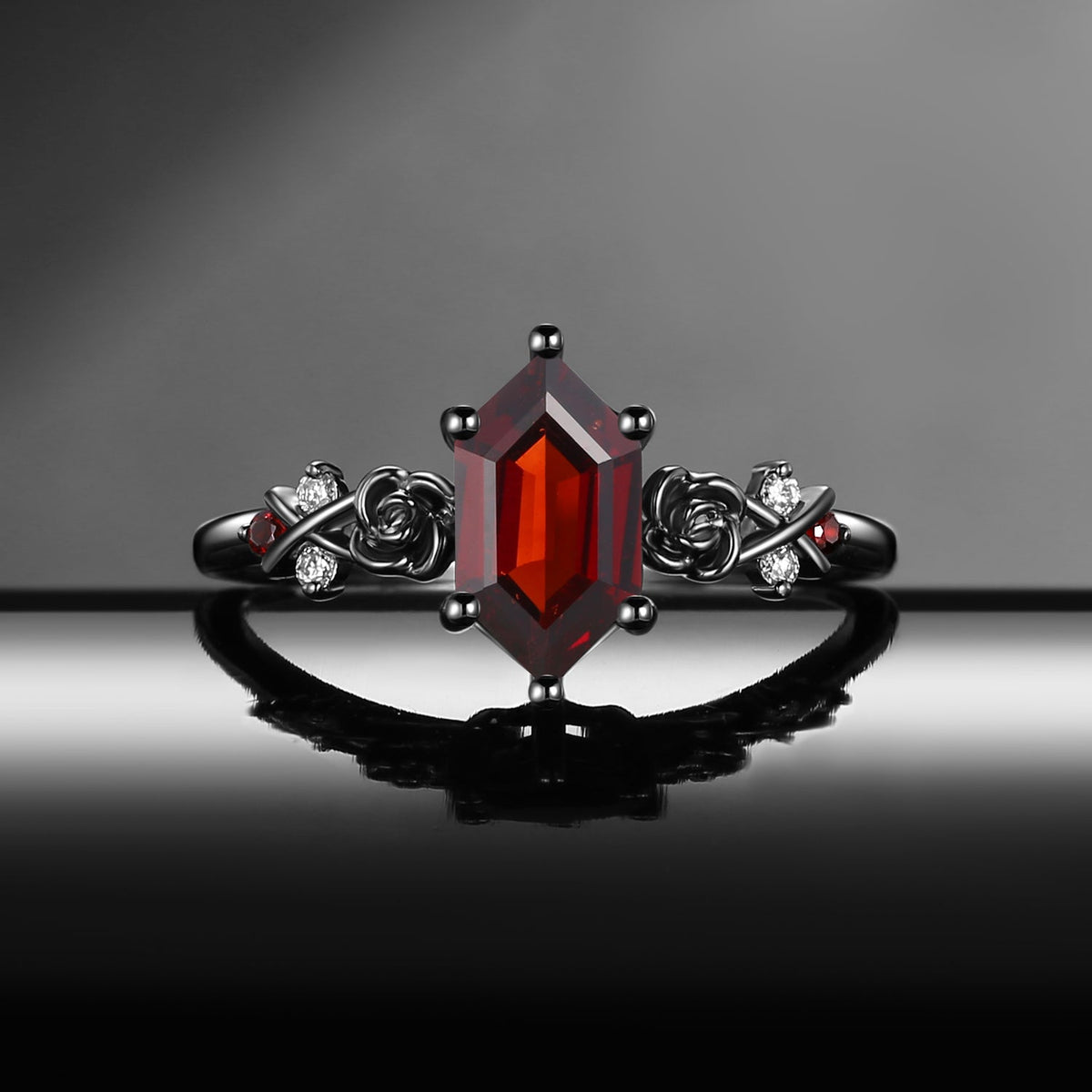 Gothic Long Hexagon Garnet 'Thorns & Roses' Cluster Black Gold Engagement Ring
