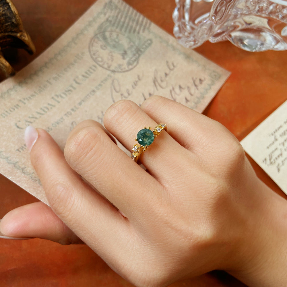 Vintage Nature Inspired Vine Style 6.5mm Round Moss Agate Engagement Ring