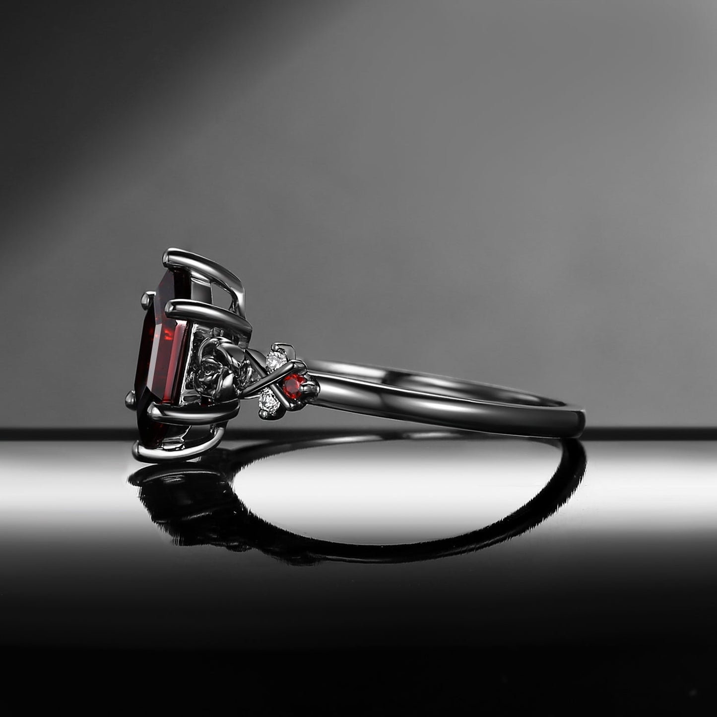 Gothic Long Hexagon Garnet 'Thorns & Roses' Cluster Black Gold Engagement Ring