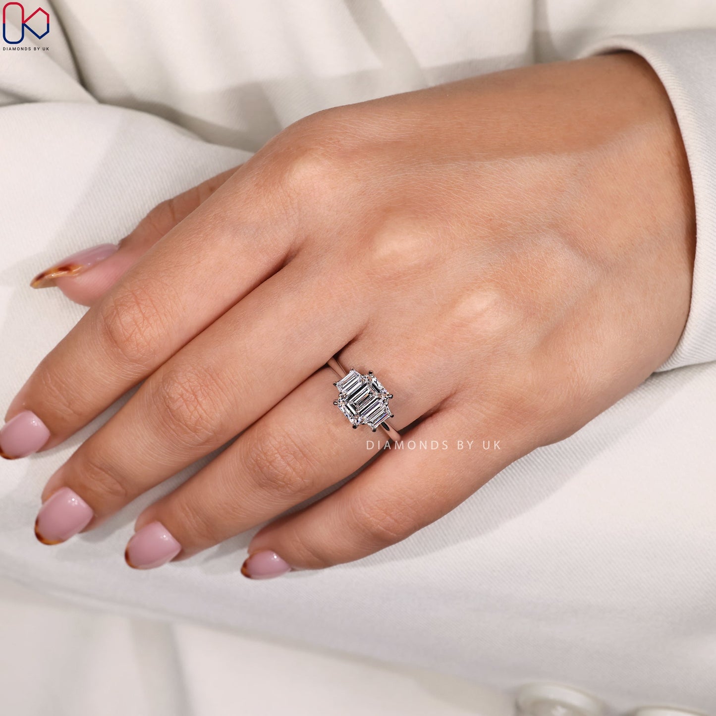Emerald And Trapezoid Baguette 3 Stone Ring
