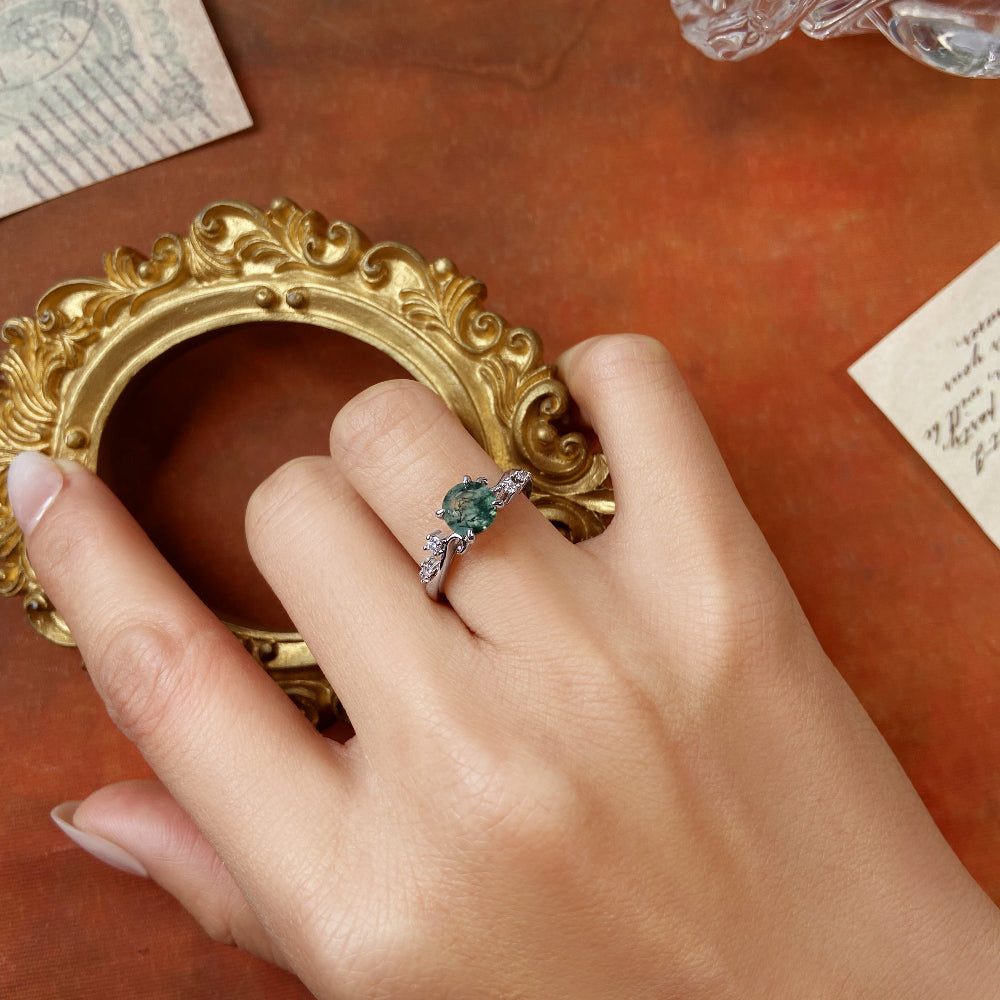 Vintage Nature Inspired Vine Style 6.5mm Round Moss Agate Engagement Ring