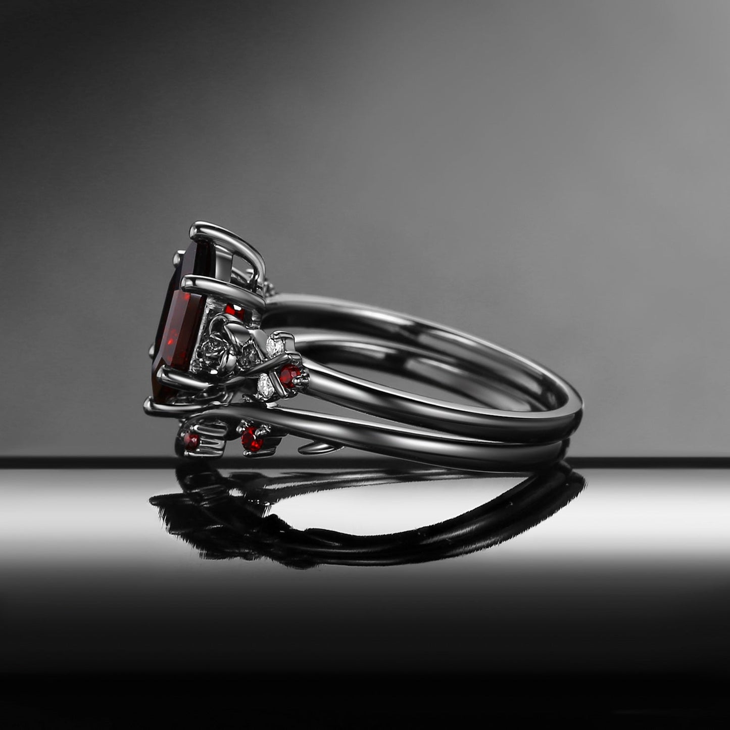 Gothic Style Nature Inspired 'Thorns & Roses' Long Hexagon Garnet Engagement Ring Set 2pcs