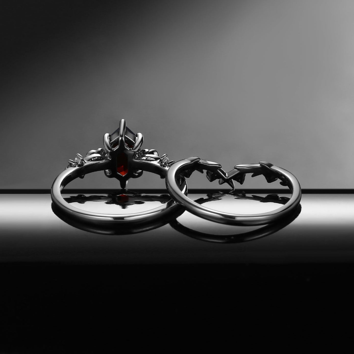 Gothic Style Nature Inspired 'Thorns & Roses' Long Hexagon Garnet Engagement Ring Set 2pcs