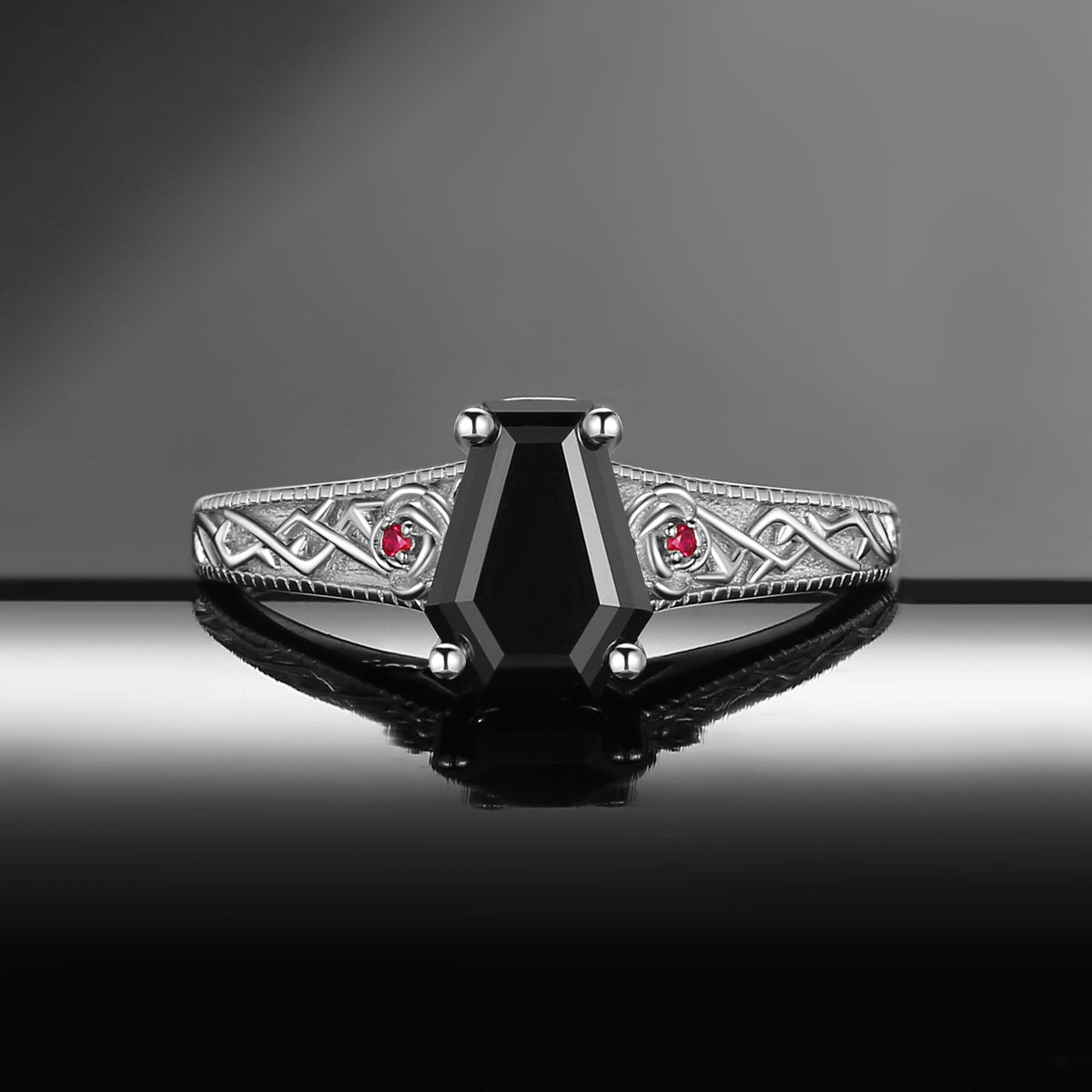 Nature Inspired Coffin Cut Black Moissanite 'Thorns & Roses' Filigrees Engagement Ring