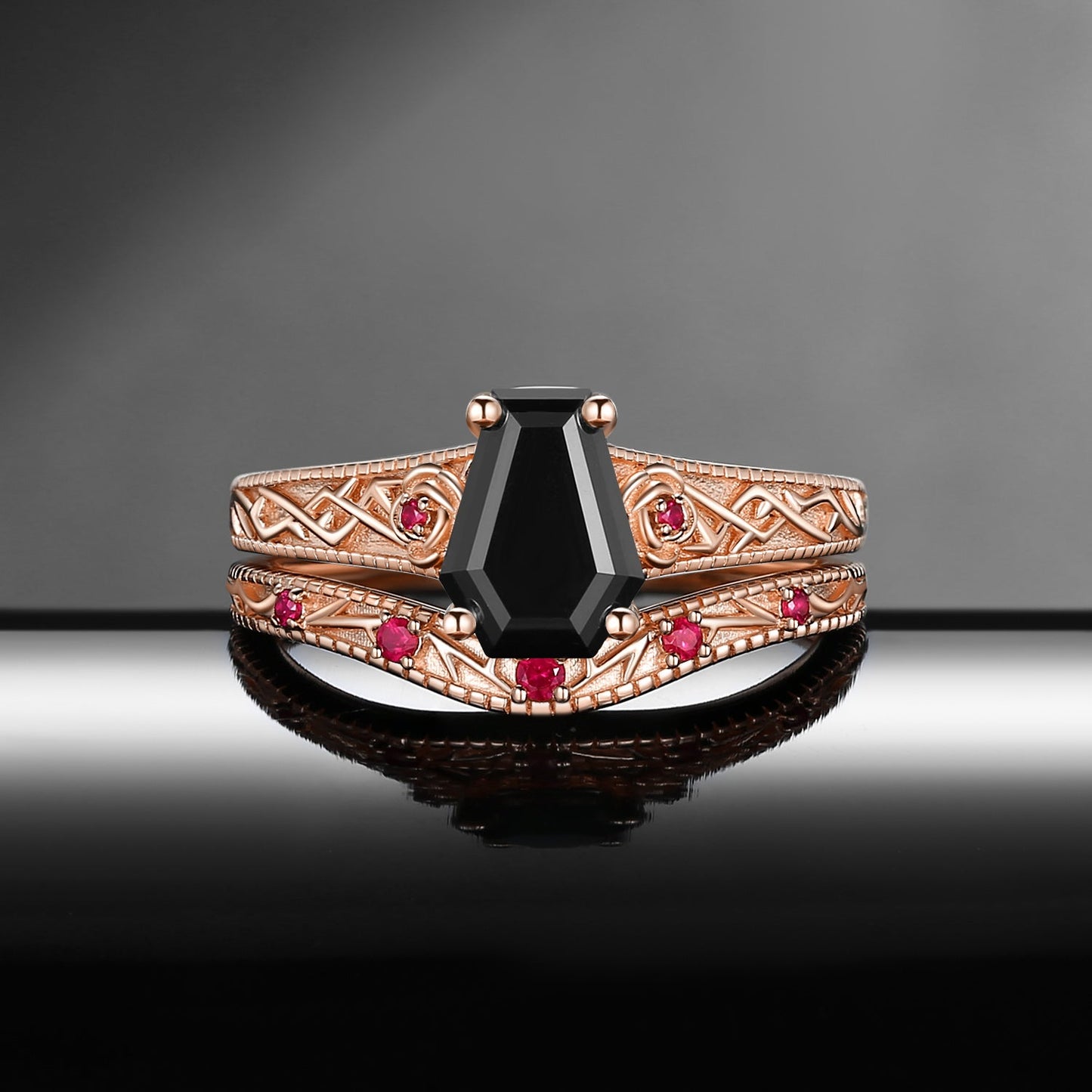 Nature Inspired Coffin Cut Black Moissanite 'Thorns & Roses' Filigrees Engagement Ring Set 2pcs