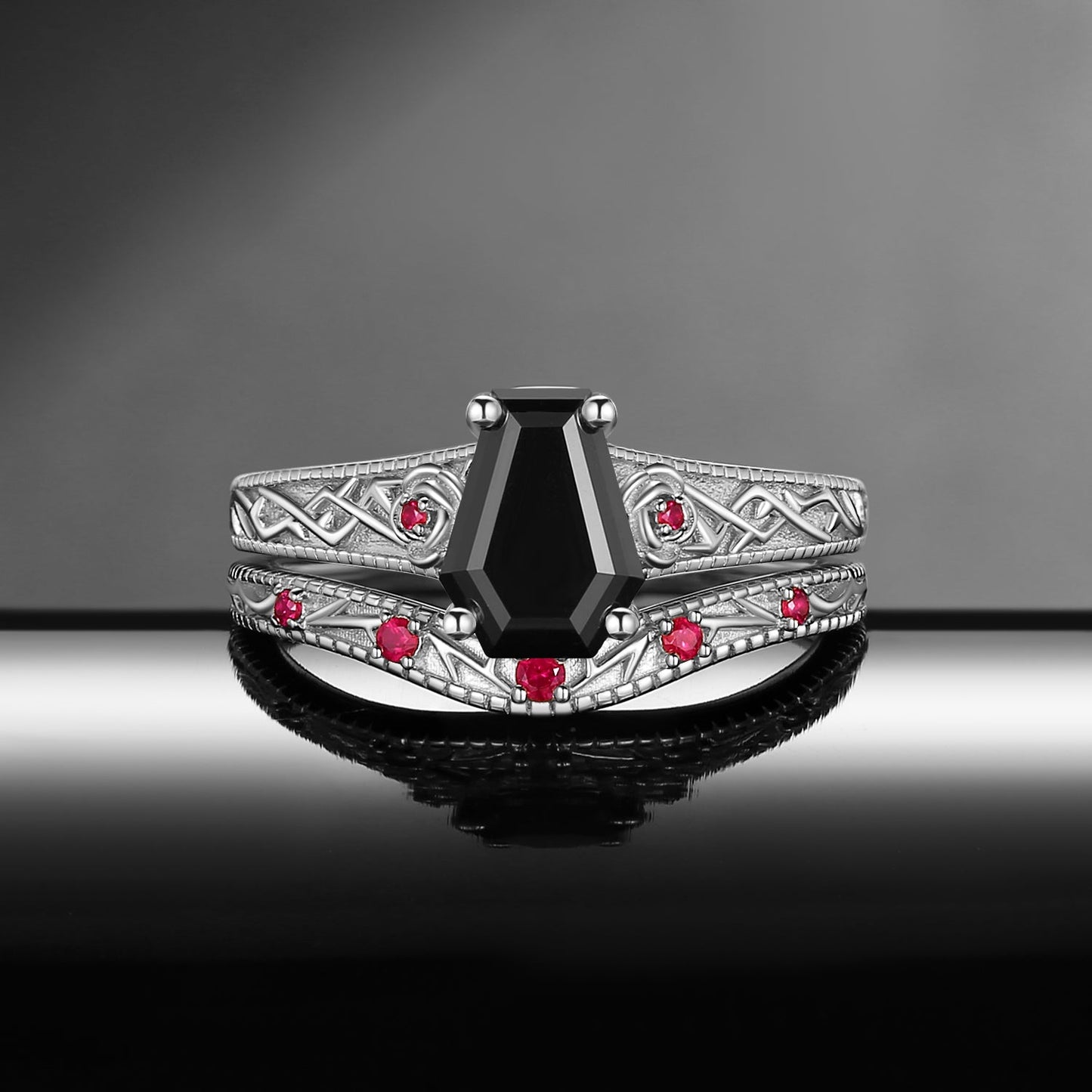 Nature Inspired Coffin Cut Black Moissanite 'Thorns & Roses' Filigrees Engagement Ring Set 2pcs