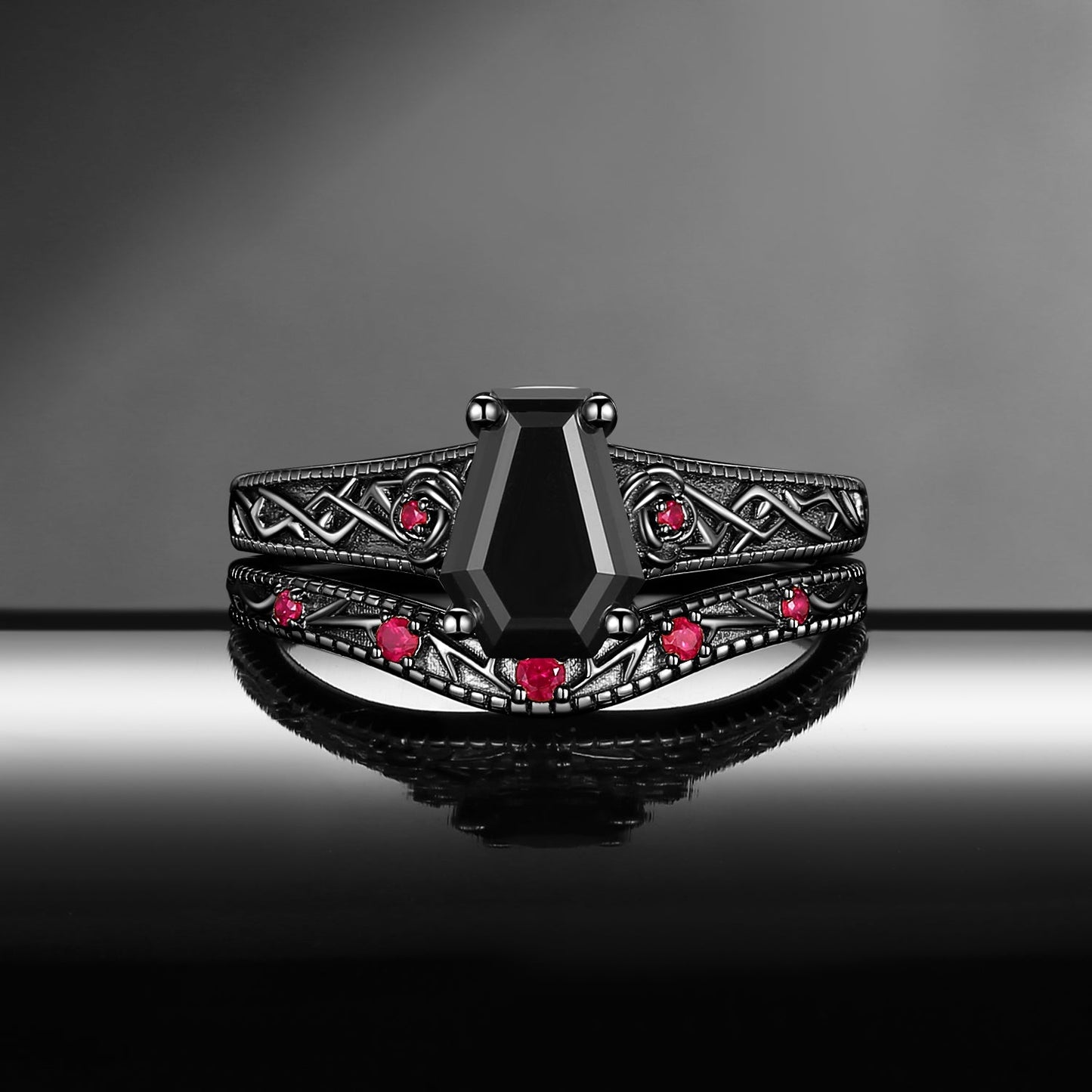Nature Inspired Coffin Cut Black Moissanite 'Thorns & Roses' Filigrees Engagement Ring Set 2pcs