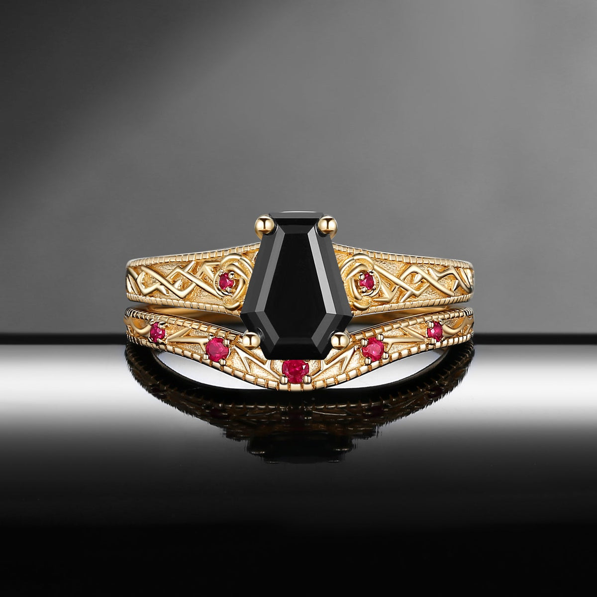 Nature Inspired Coffin Cut Black Moissanite 'Thorns & Roses' Filigrees Engagement Ring Set 2pcs