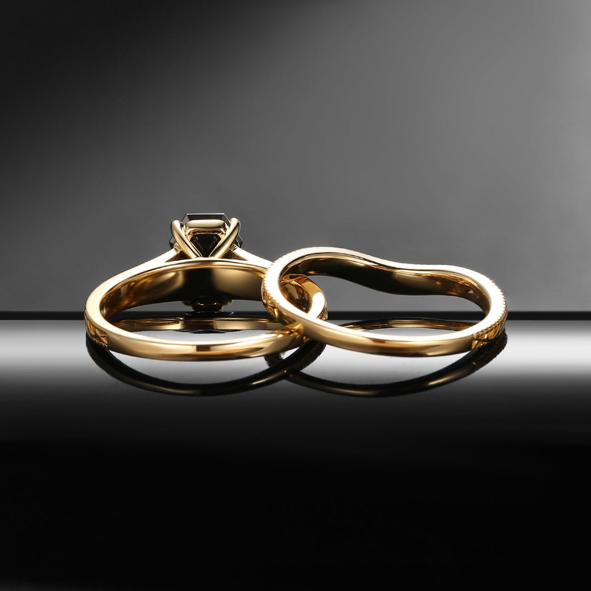 Nature Inspired Coffin Cut Black Moissanite 'Thorns & Roses' Filigrees Engagement Ring Set 2pcs