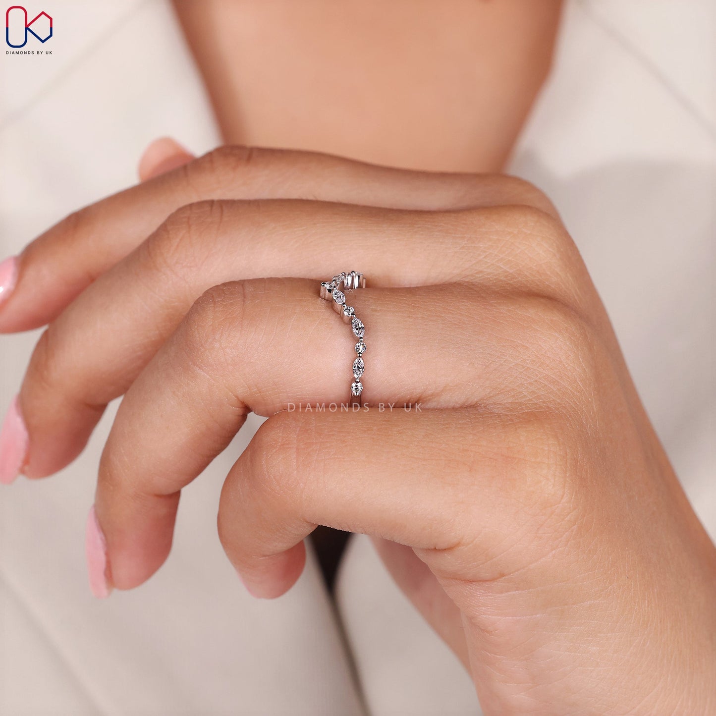 Marquise and Round Cut V Shaped Wedding Band