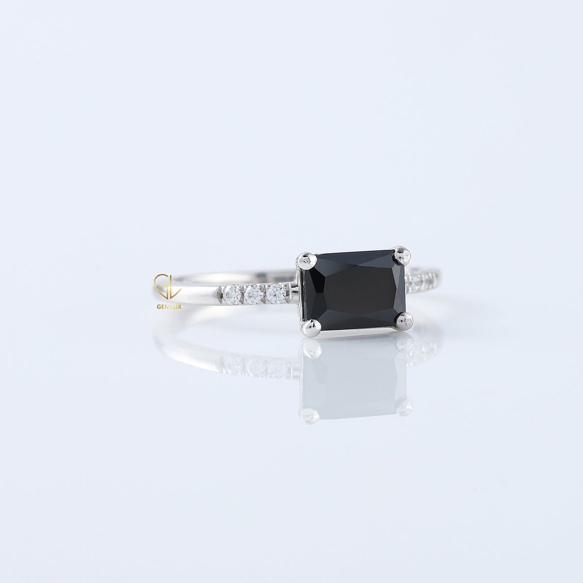 East to West 1.5 Ct Radiant Cut Black Moissanite Solitaire With Accent Ring