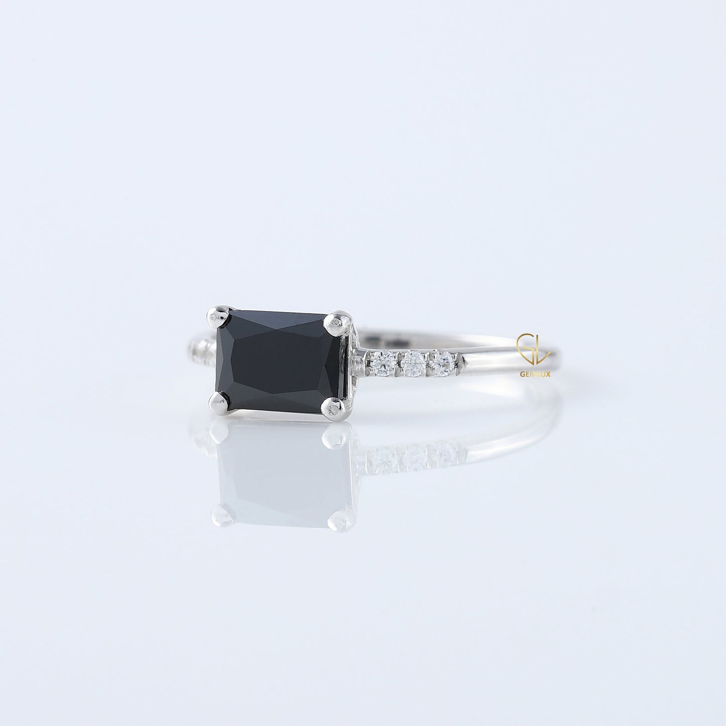 East to West 1.5 Ct Radiant Cut Black Moissanite Solitaire With Accent Ring