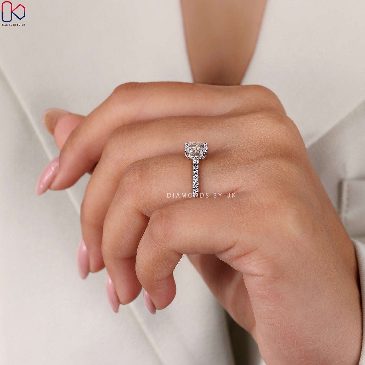 Cushion Diamond Ring with Round Side Diamonds