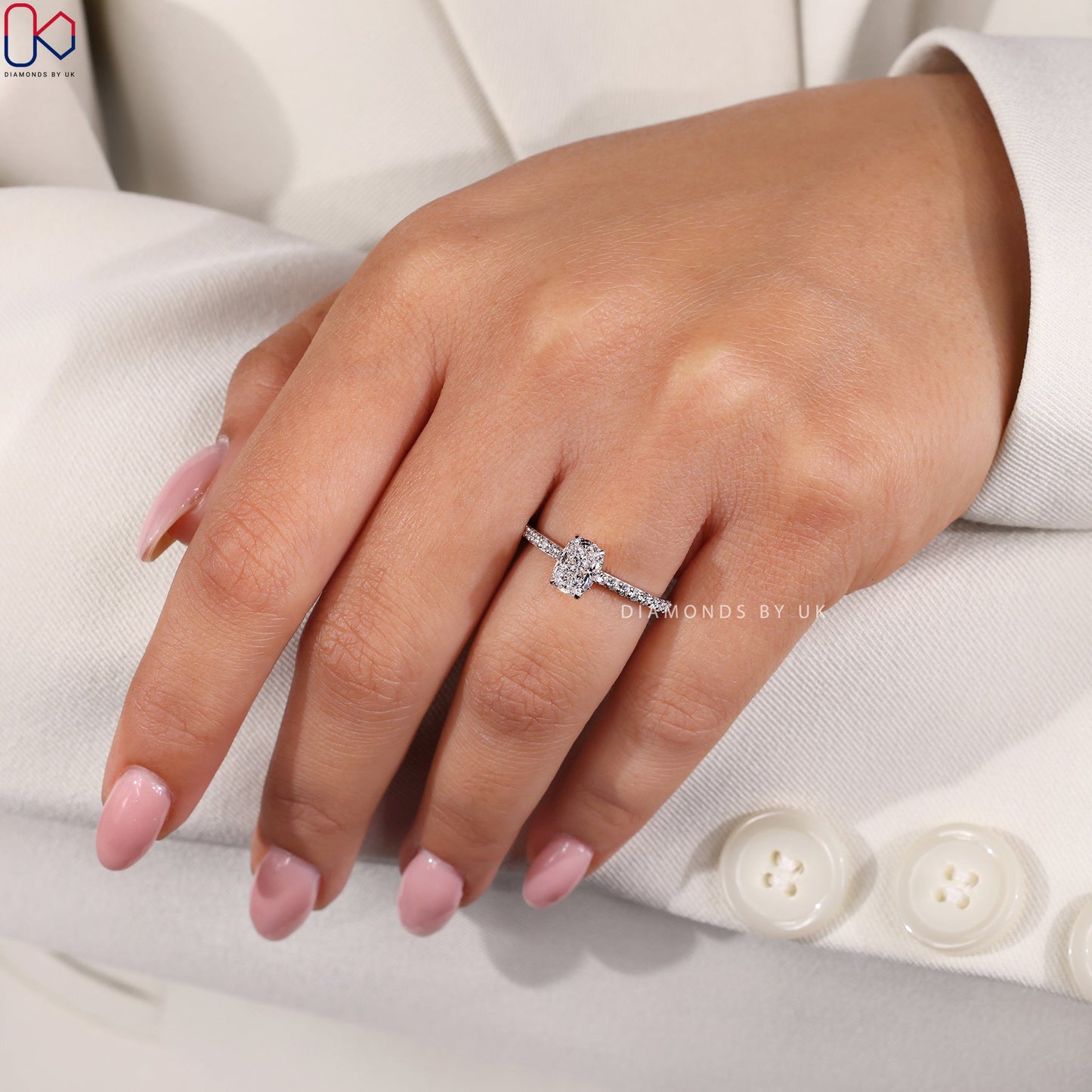 Cushion Diamond Ring with Round Side Diamonds