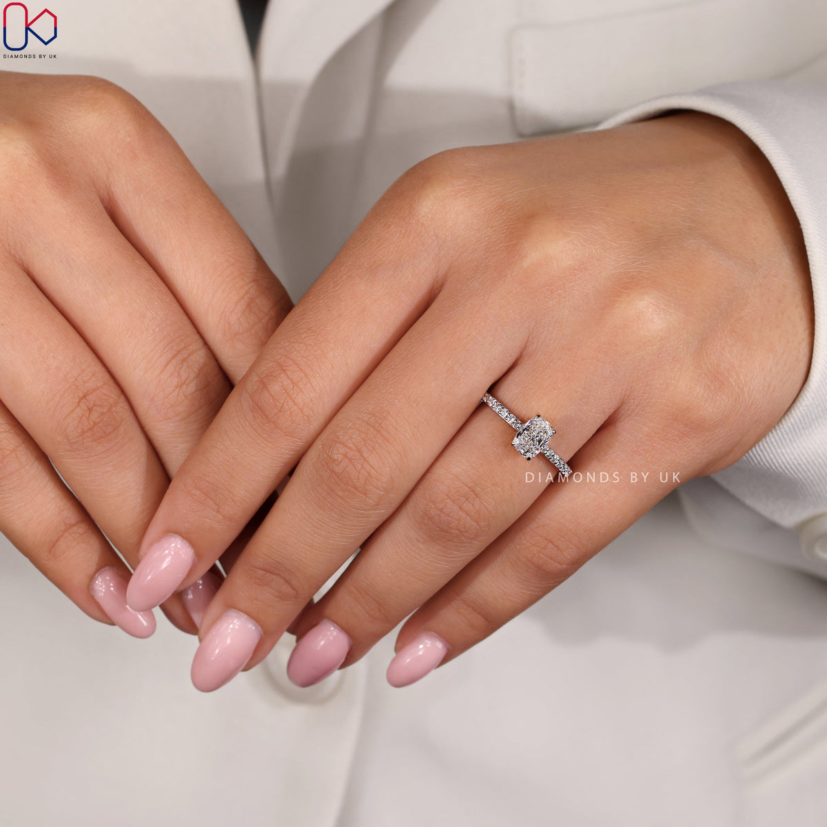 Cushion Diamond Ring with Round Side Diamonds