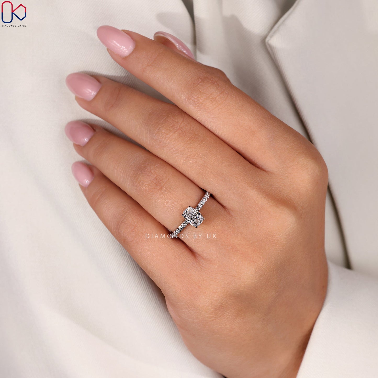 Cushion Diamond Ring with Round Side Diamonds