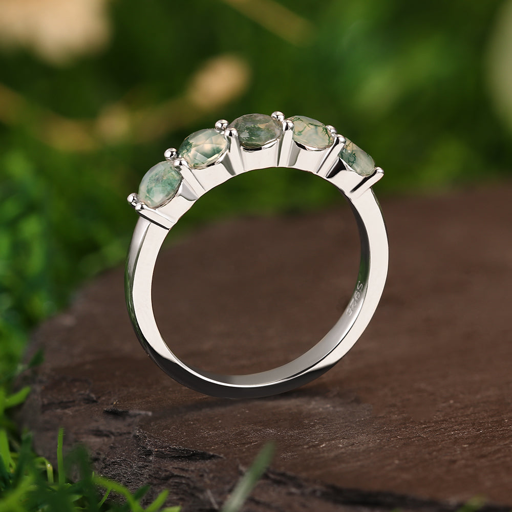 5mm Round Cut Moss Agate Half Eternity Minimalist Engagement Ring