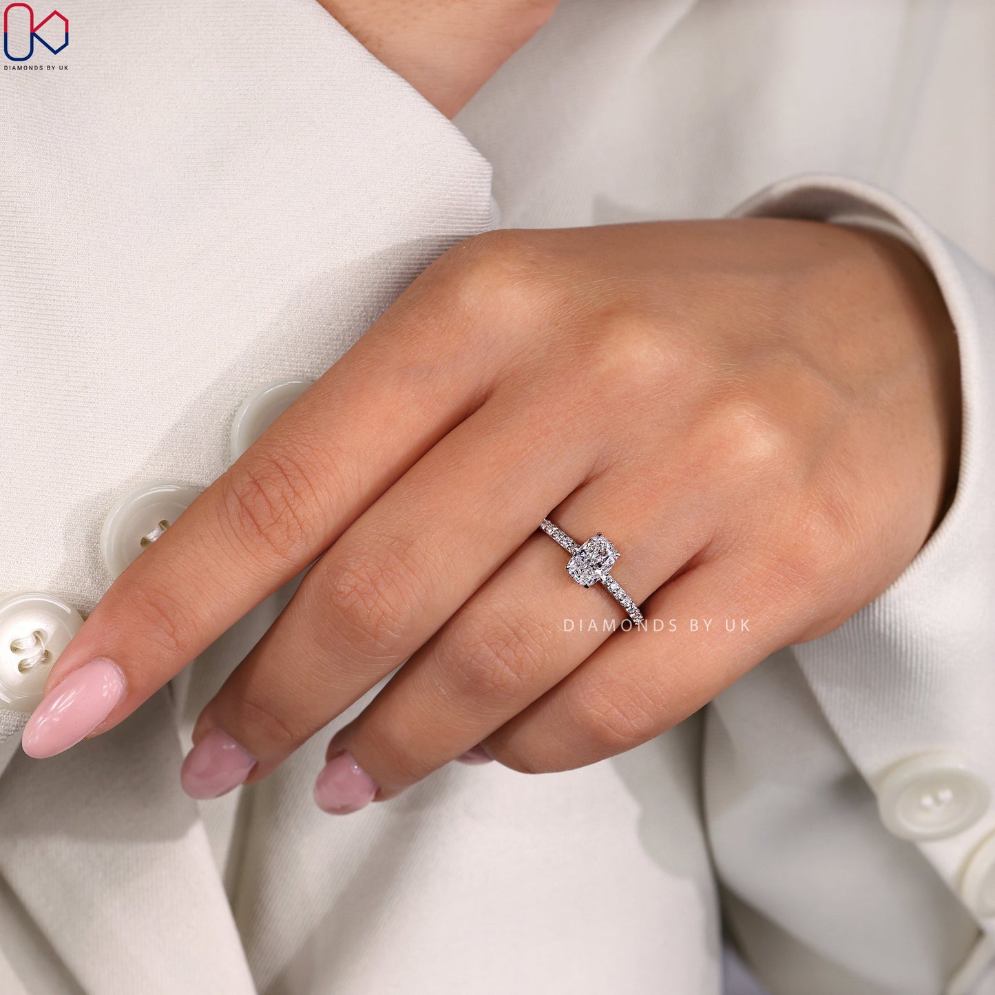 Cushion Diamond Ring with Round Side Diamonds
