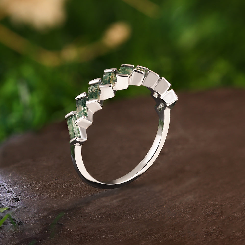2x4mm Baguette Cut Moss Agate Chevron Pattern Half Eternity Engagement Ring