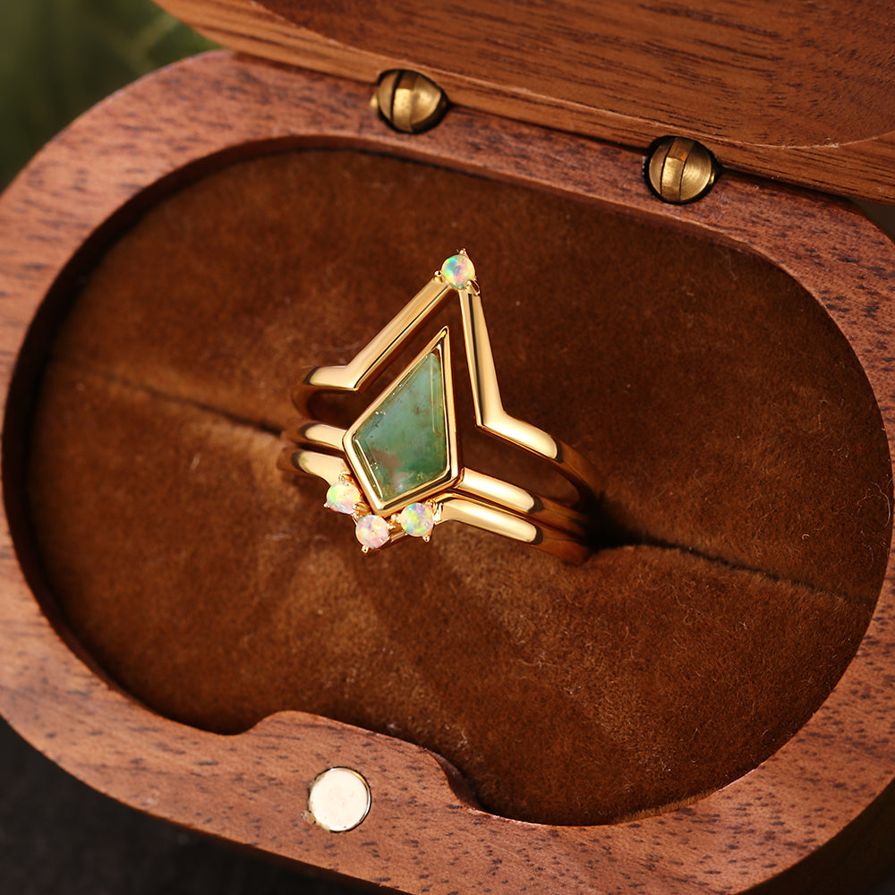 6x9mm Kite Cut Moss Agate with Opal Accents Geometric Triangle Stackable Bridal Ring