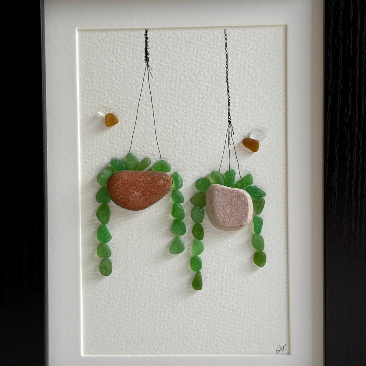 Hanging Plant Sea Glass Wall Art | Framed 5x7 Wall Decor | Handmade Beach Gift for the Plant Lover