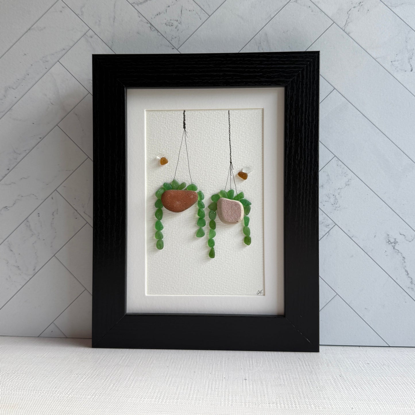 Hanging Plant Sea Glass Wall Art | Framed 5x7 Wall Decor | Handmade Beach Gift for the Plant Lover