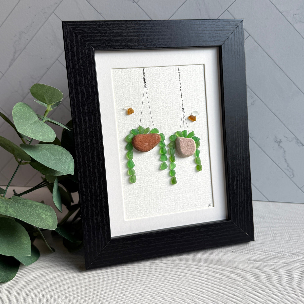 Hanging Plant Sea Glass Wall Art | Framed 5x7 Wall Decor | Handmade Beach Gift for the Plant Lover