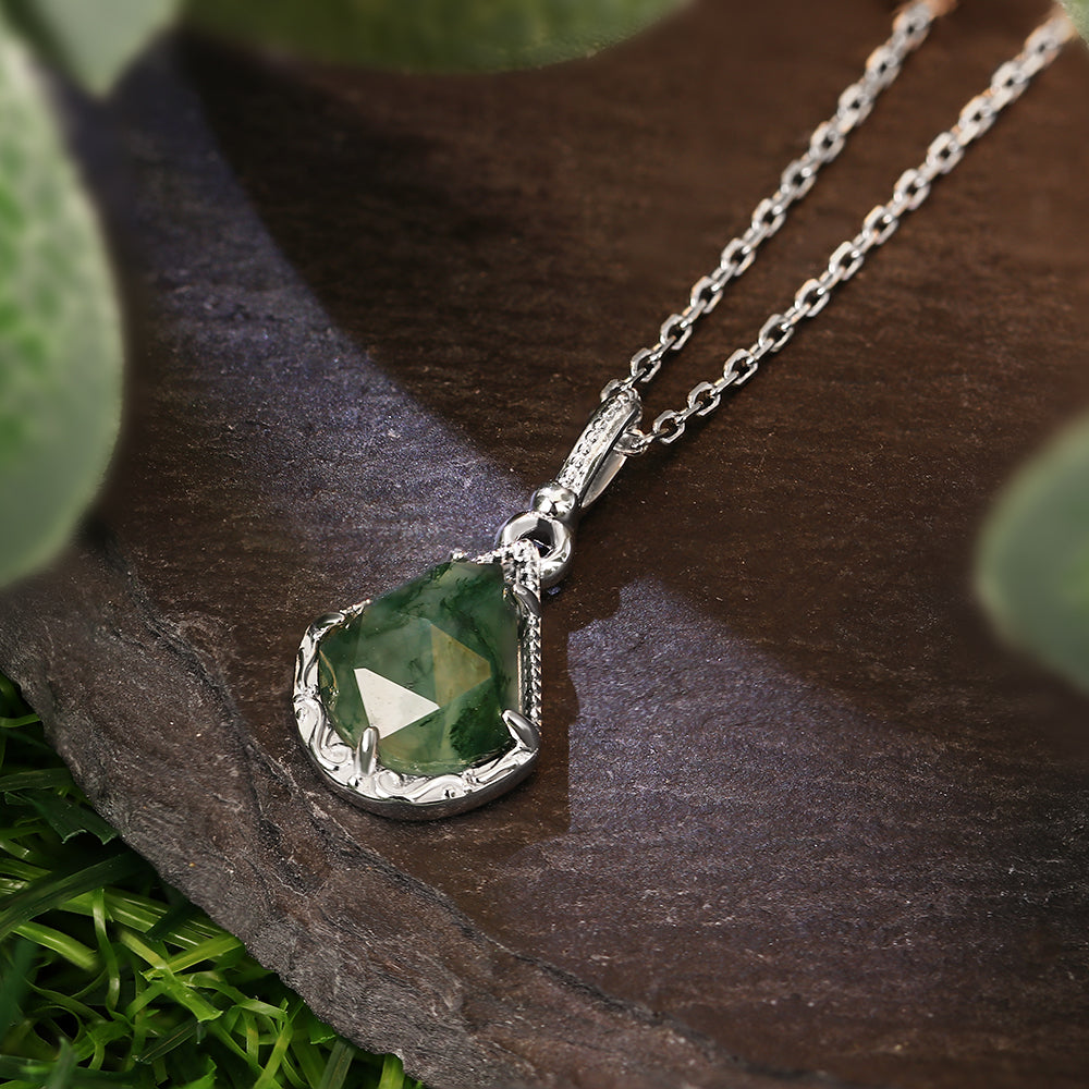 12x14mm Custom Fan-Shaped Cut Moss Agate Pendant Necklace