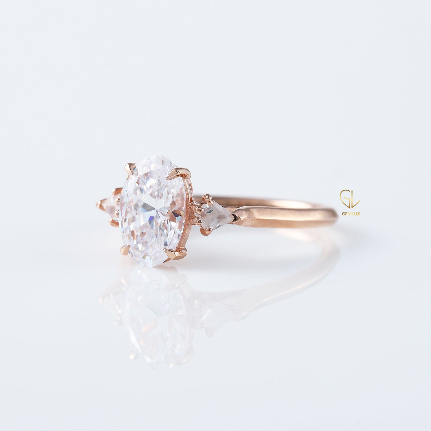 Three Stone Oval Cut Lab Grown Diamond Rose Gold Ring