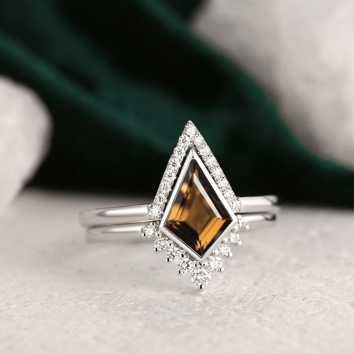 Art Deco Kite Cut Smokey Quartz Bezel Engagement Ring Set 2pcs - Statement