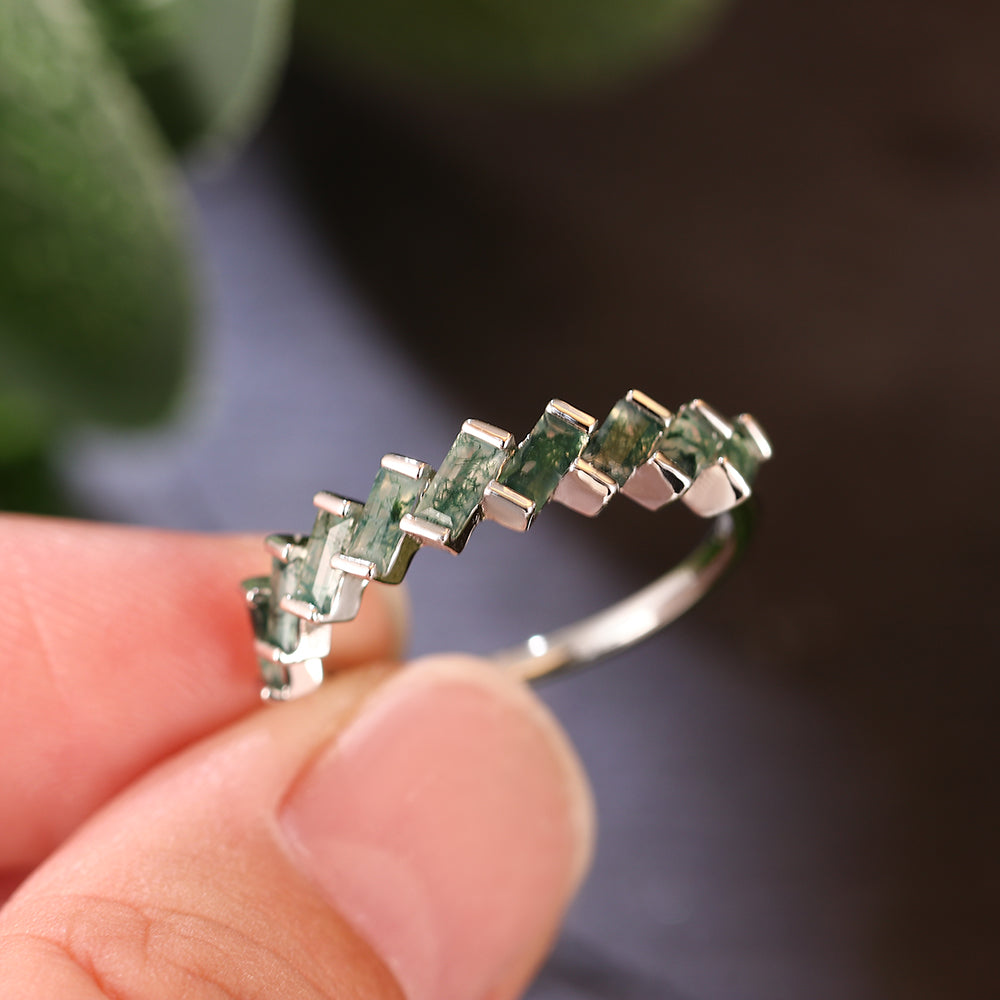 2x4mm Baguette Cut Moss Agate Chevron Pattern Half Eternity Engagement Ring