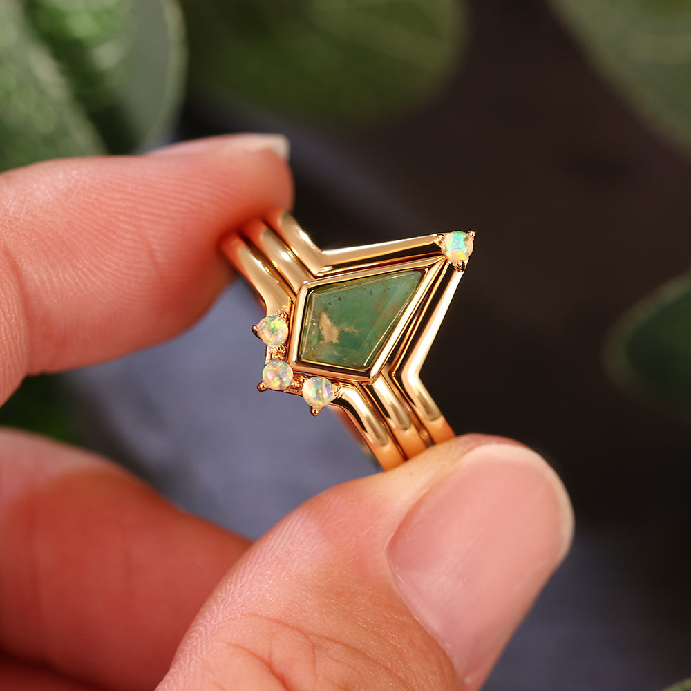6x9mm Kite Cut Moss Agate with Opal Accents Geometric Triangle Stackable Bridal Ring