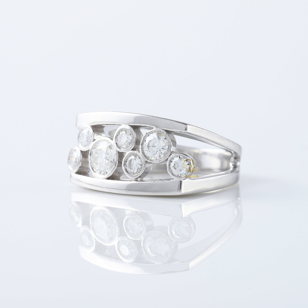 Round Cut Lab Grown Bezel Set Scattered Diamond Wedding Ring