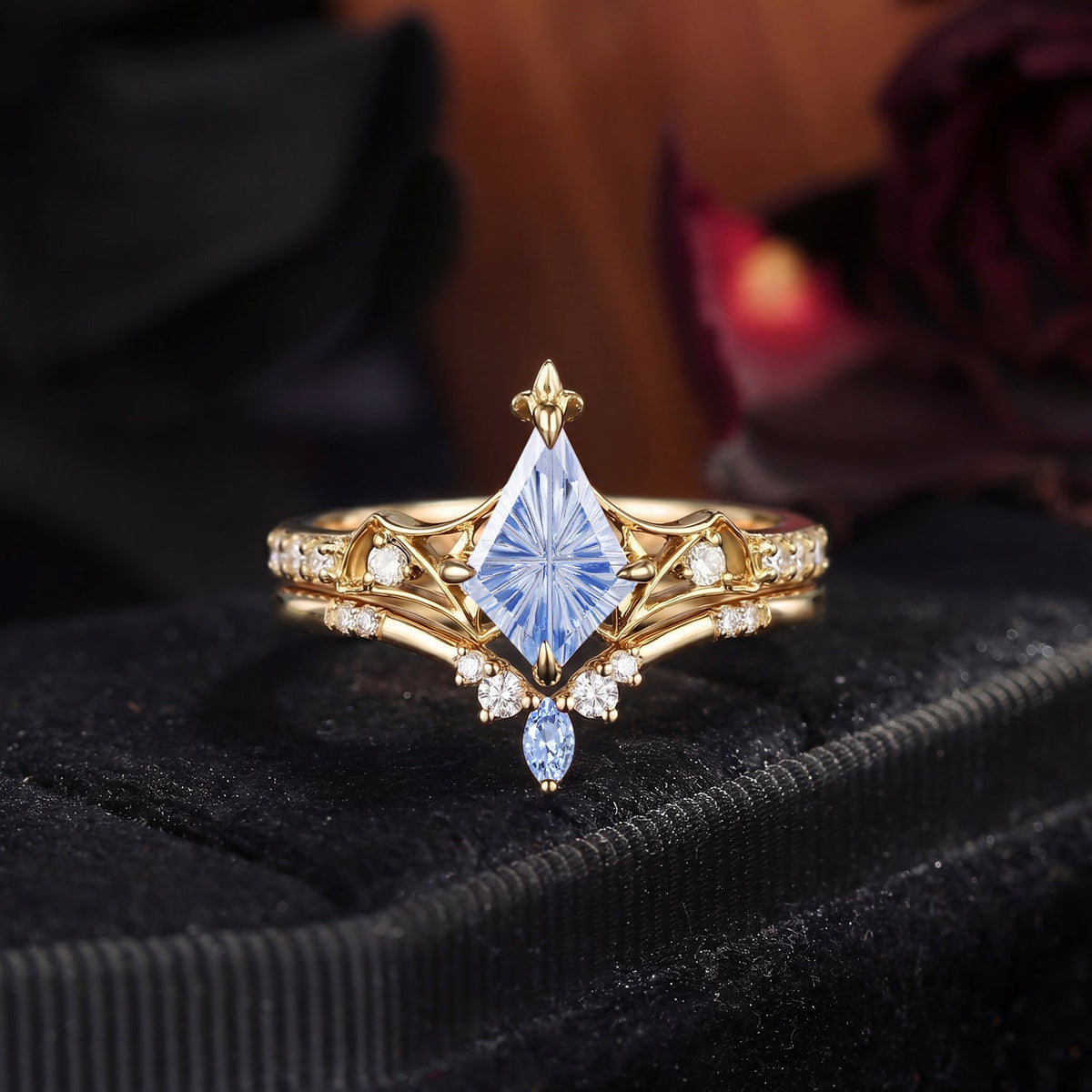 Bat Ring - Fantasy Cut Kite Lab Cornflower Sapphire Gothic Engagement Ring Set with Bat Wing Inspired Band