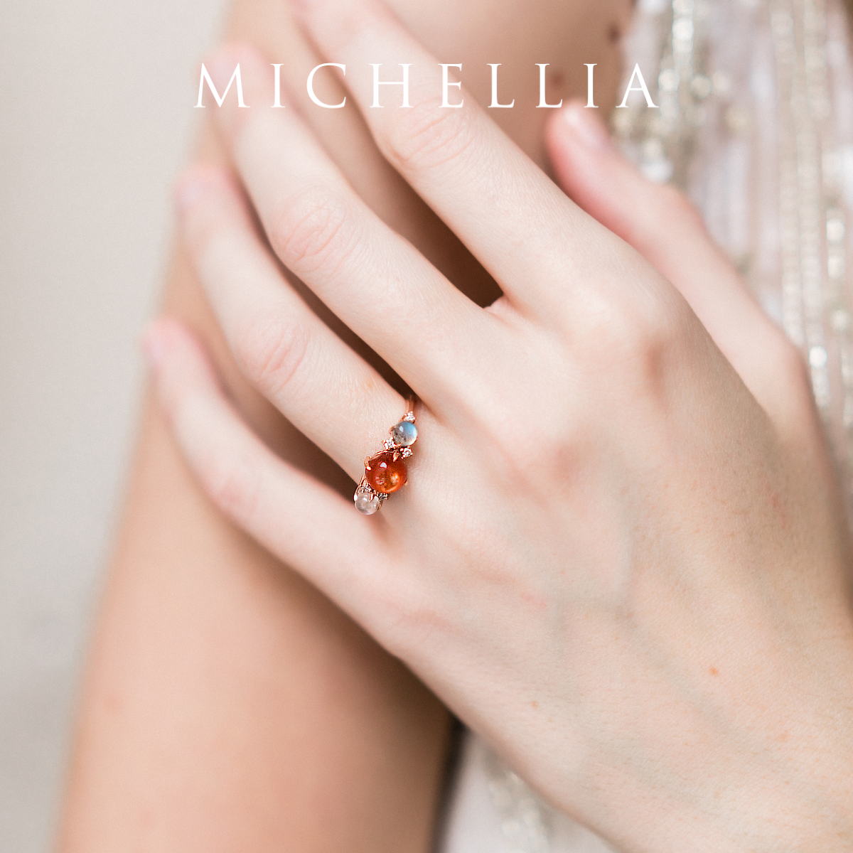 [Celestine] Interstellar Three Stone Ring in Sunstone, Moonstone, and Labradorite