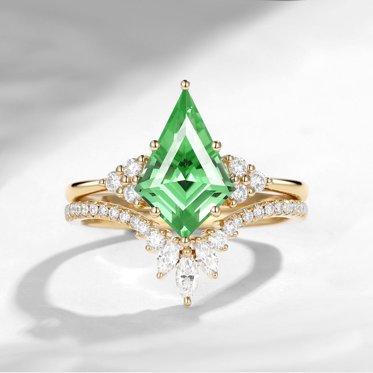 Kite Cut Lab Tsavorite Classic Cluster Engagement Ring Set 2pcs - Electra