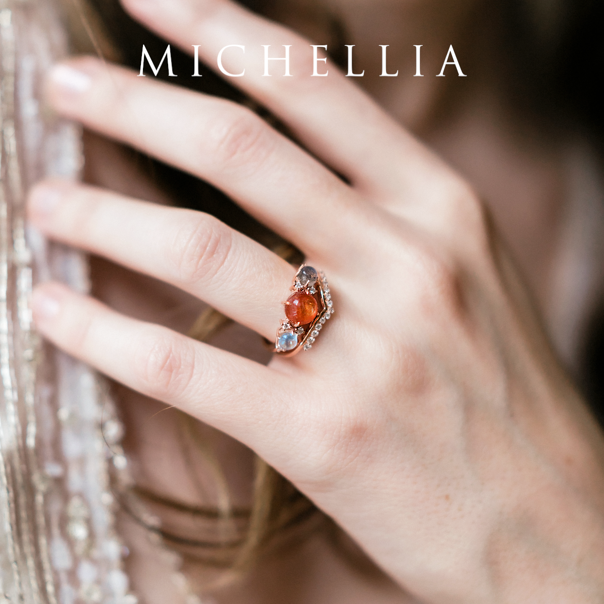 [Celestine] Interstellar Three Stone Ring in Sunstone, Moonstone, and Labradorite