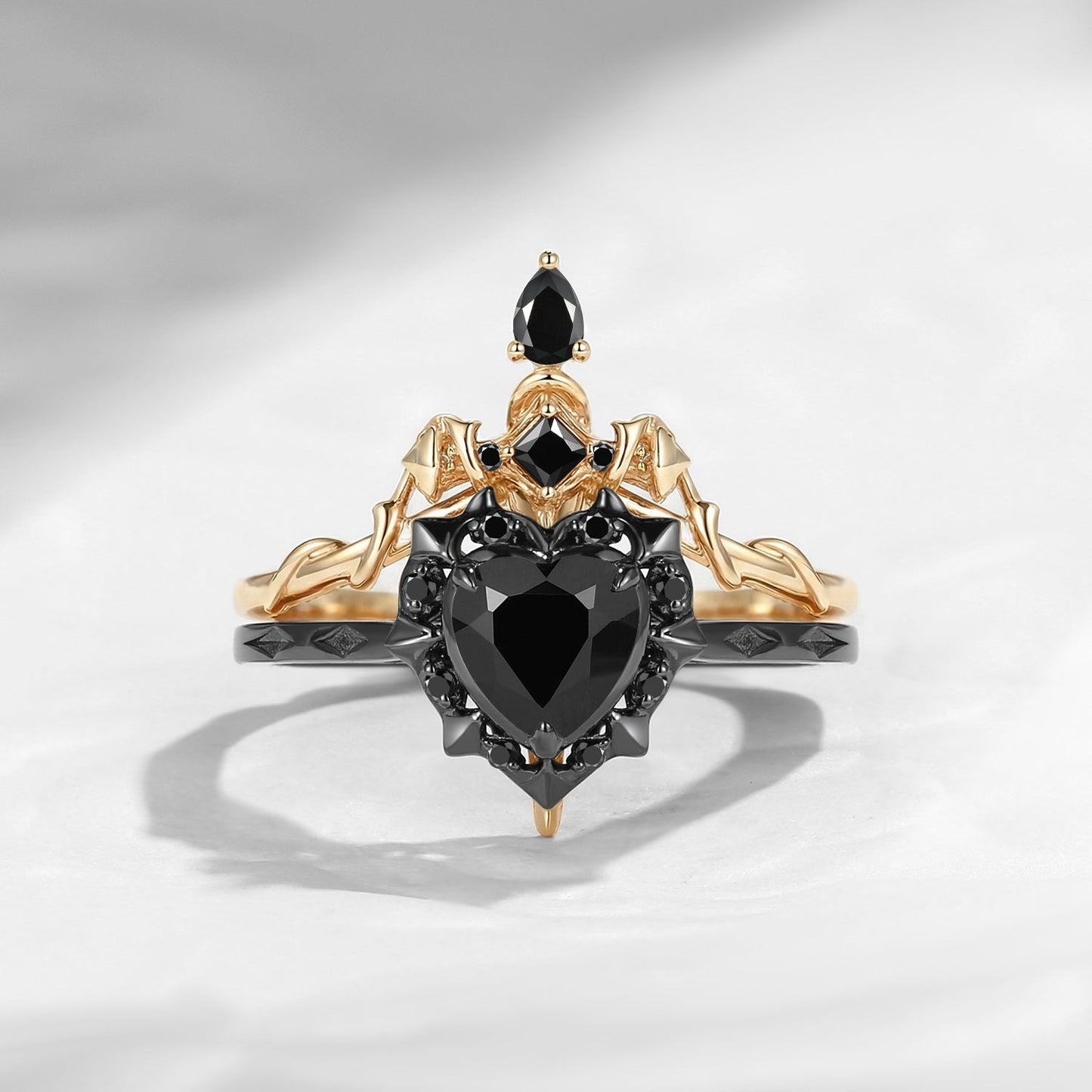 'Cupid's Arrow' - Gorhic Heart Cut Moss Agate Heart Sword Ring Alternative Bridal Set