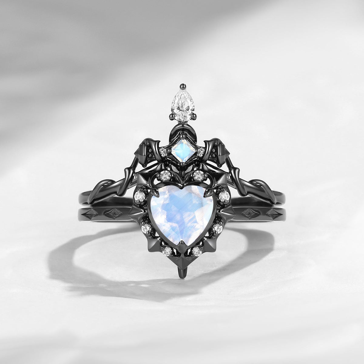 'Cupid's Arrow' - Gorhic Heart Cut Moss Agate Heart Sword Ring Alternative Bridal Set