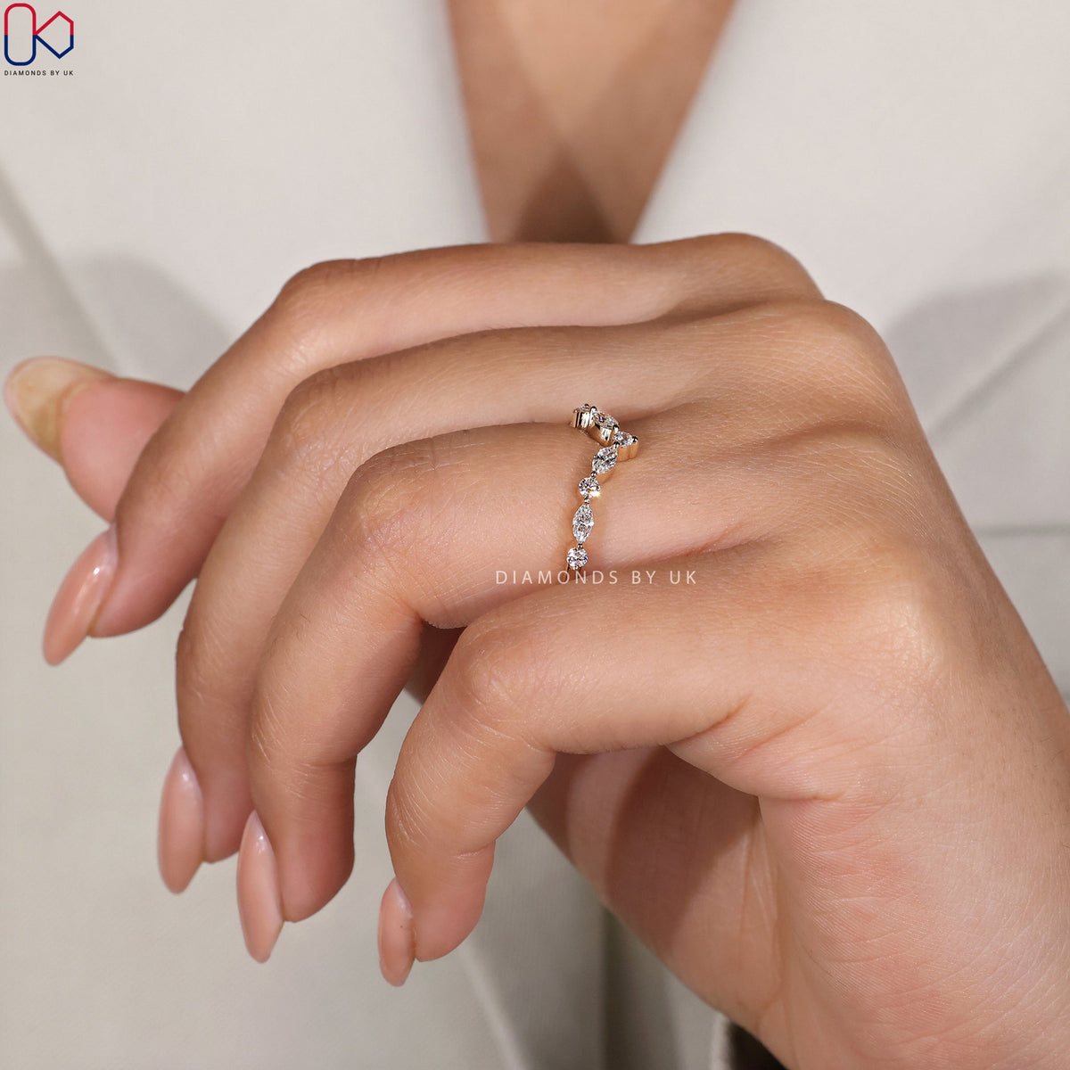 Marquise And Round Wedding Band In Curvy Style
