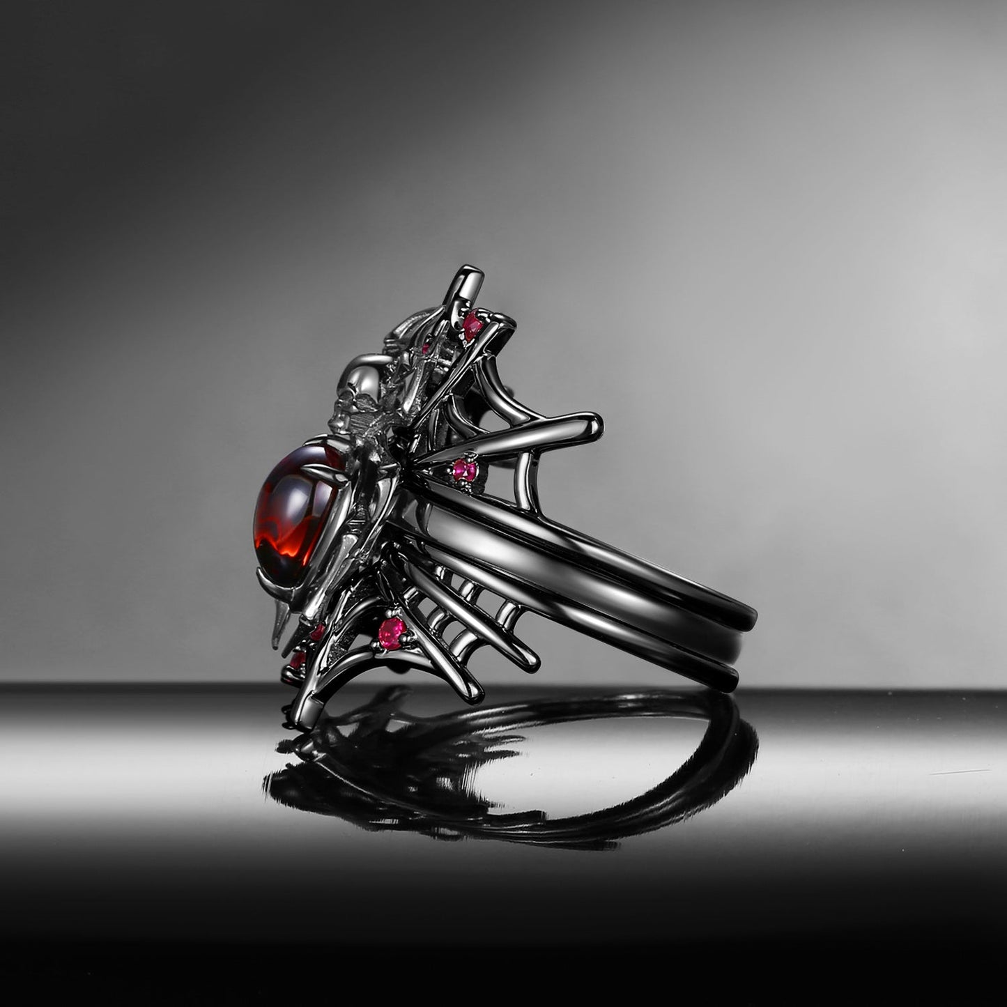 Gothic Pear Shaped Garnet Spider Inspired 'Disturbia' Engagement Ring Set 3pcs