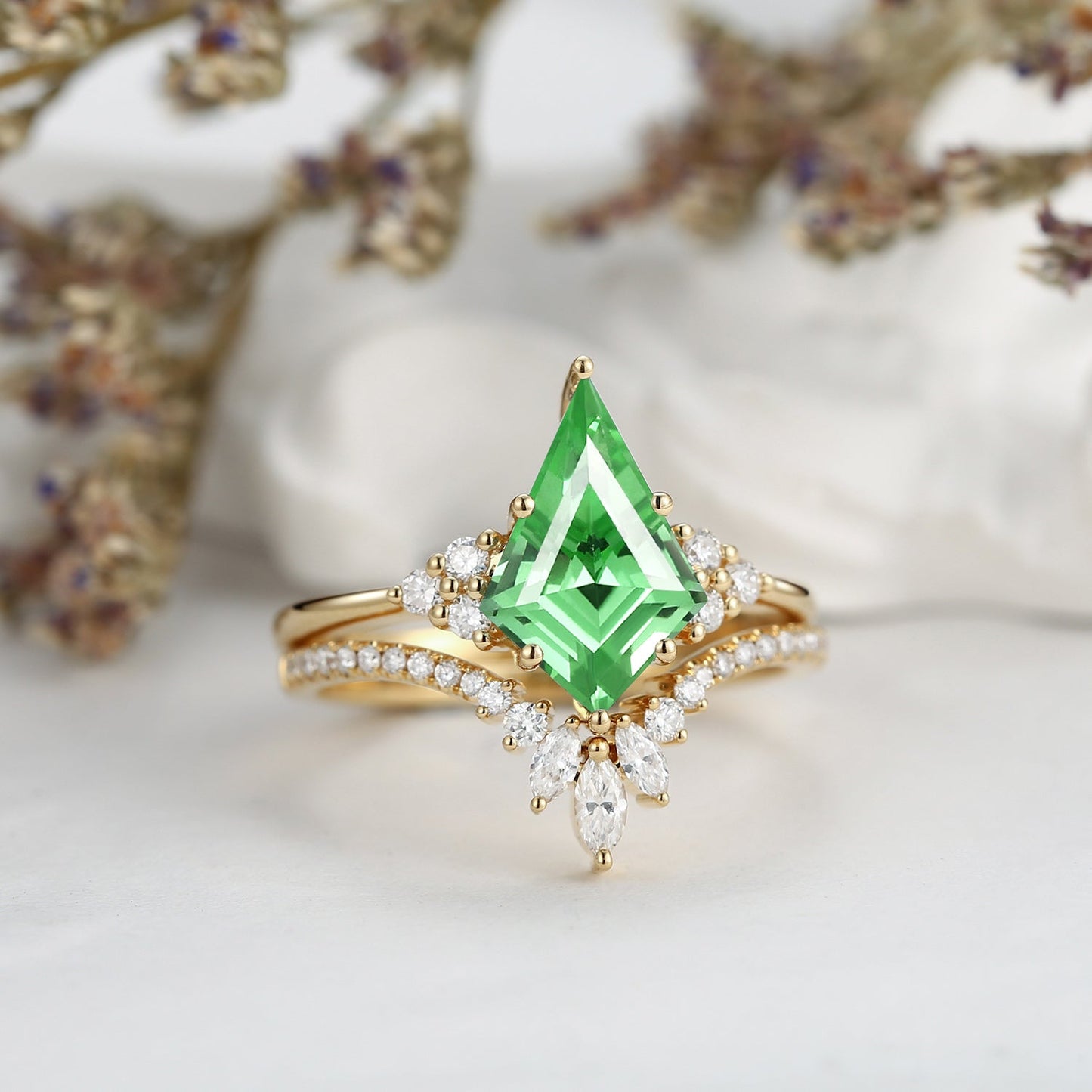 Kite Cut Lab Tsavorite Classic Cluster Engagement Ring Set 2pcs - Electra