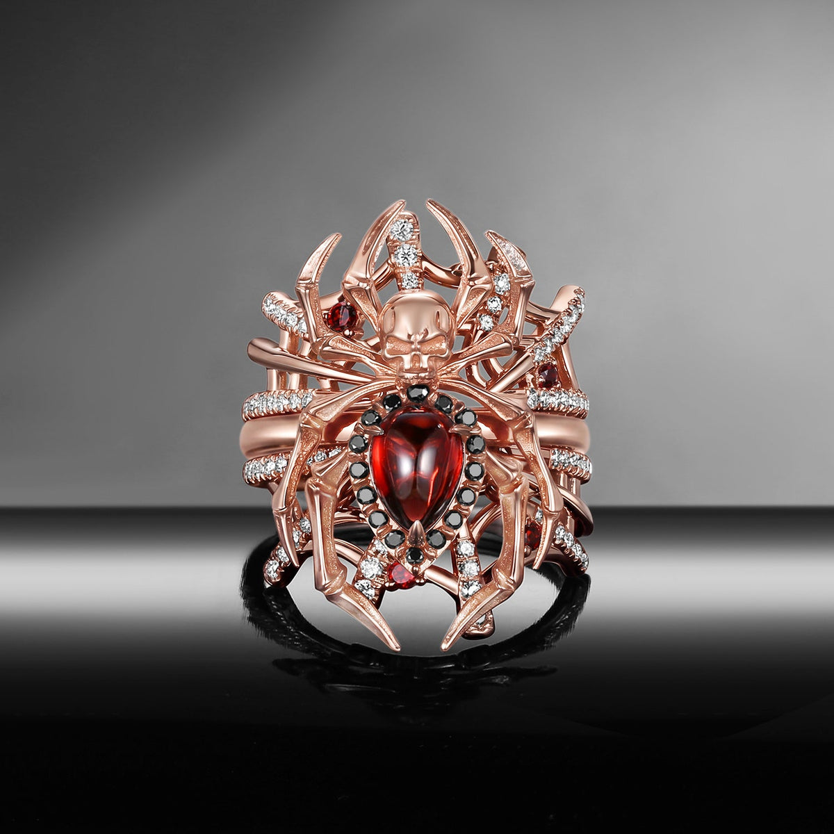 Spider Ring 'The Web' - Gothic Pear Cut Garnet Engagement Ring Set with Skull Inspired Band