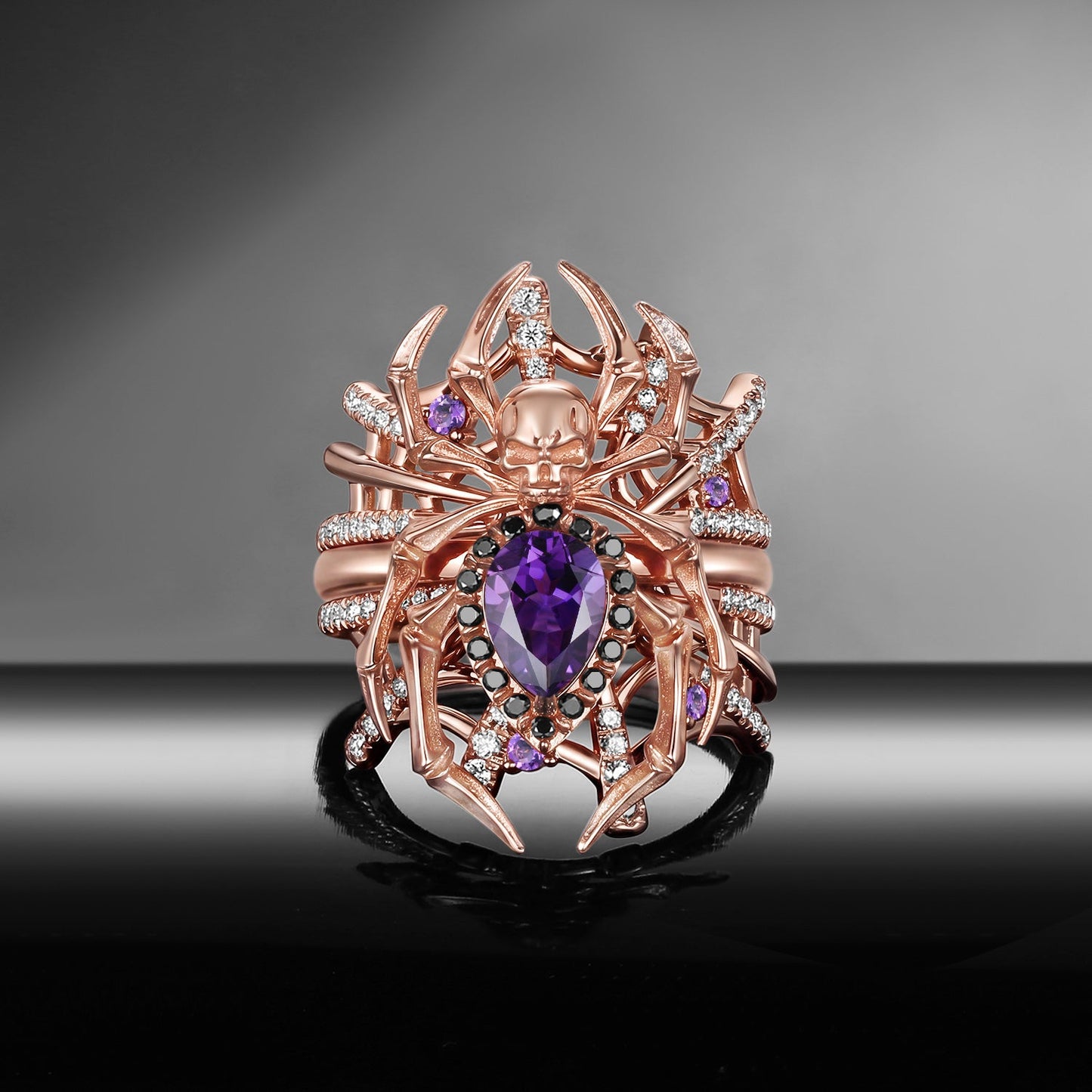 Spider Ring 'The Web' - Gothic Pear Cut Amethyst Engagement Ring Set with Skull Inspired Band